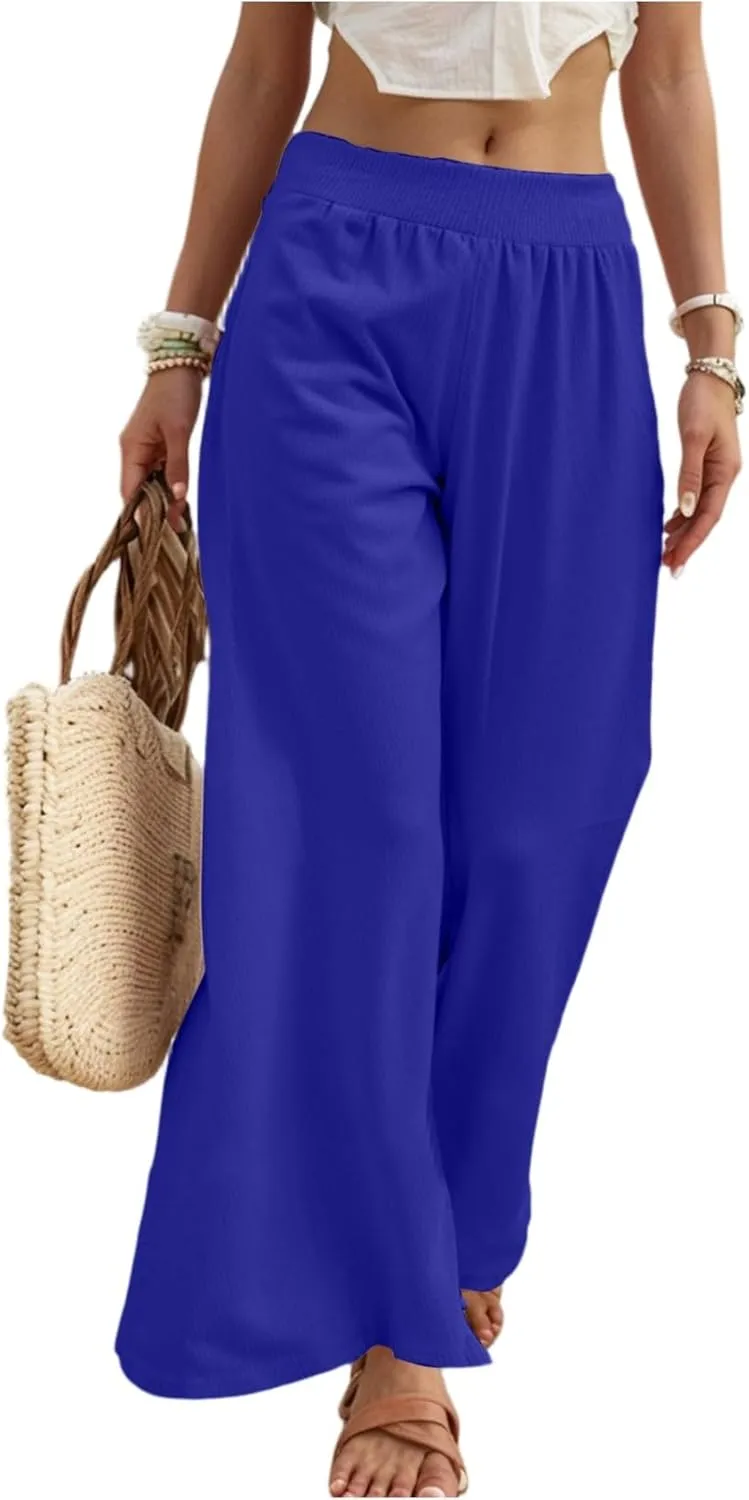 Palazzo Cotton Linen Pants Women Casual Summer Smocked Elastic High Waisted Wide Leg Pants Loose Vacation Beach Pant