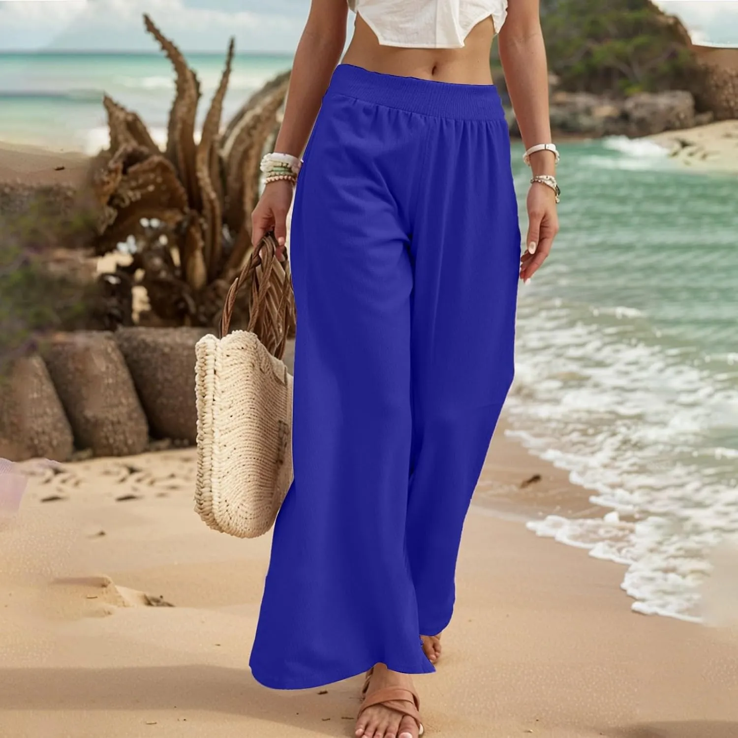 Palazzo Cotton Linen Pants Women Casual Summer Smocked Elastic High Waisted Wide Leg Pants Loose Vacation Beach Pant