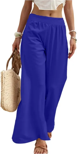 Palazzo Cotton Linen Pants Women Casual Summer Smocked Elastic High Waisted Wide Leg Pants Loose Vacation Beach Pant