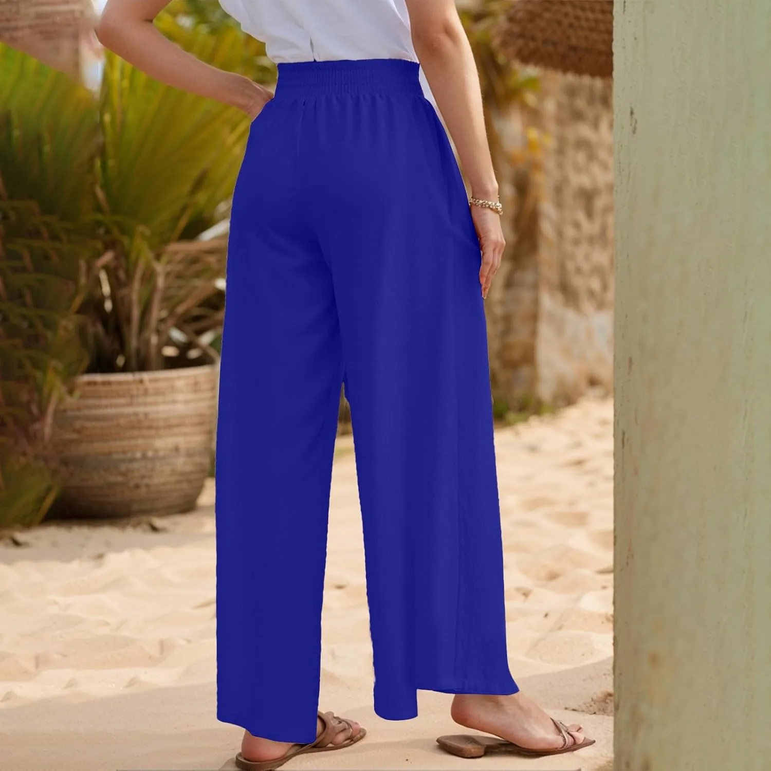 Palazzo Cotton Linen Pants Women Casual Summer Smocked Elastic High Waisted Wide Leg Pants Loose Vacation Beach Pant