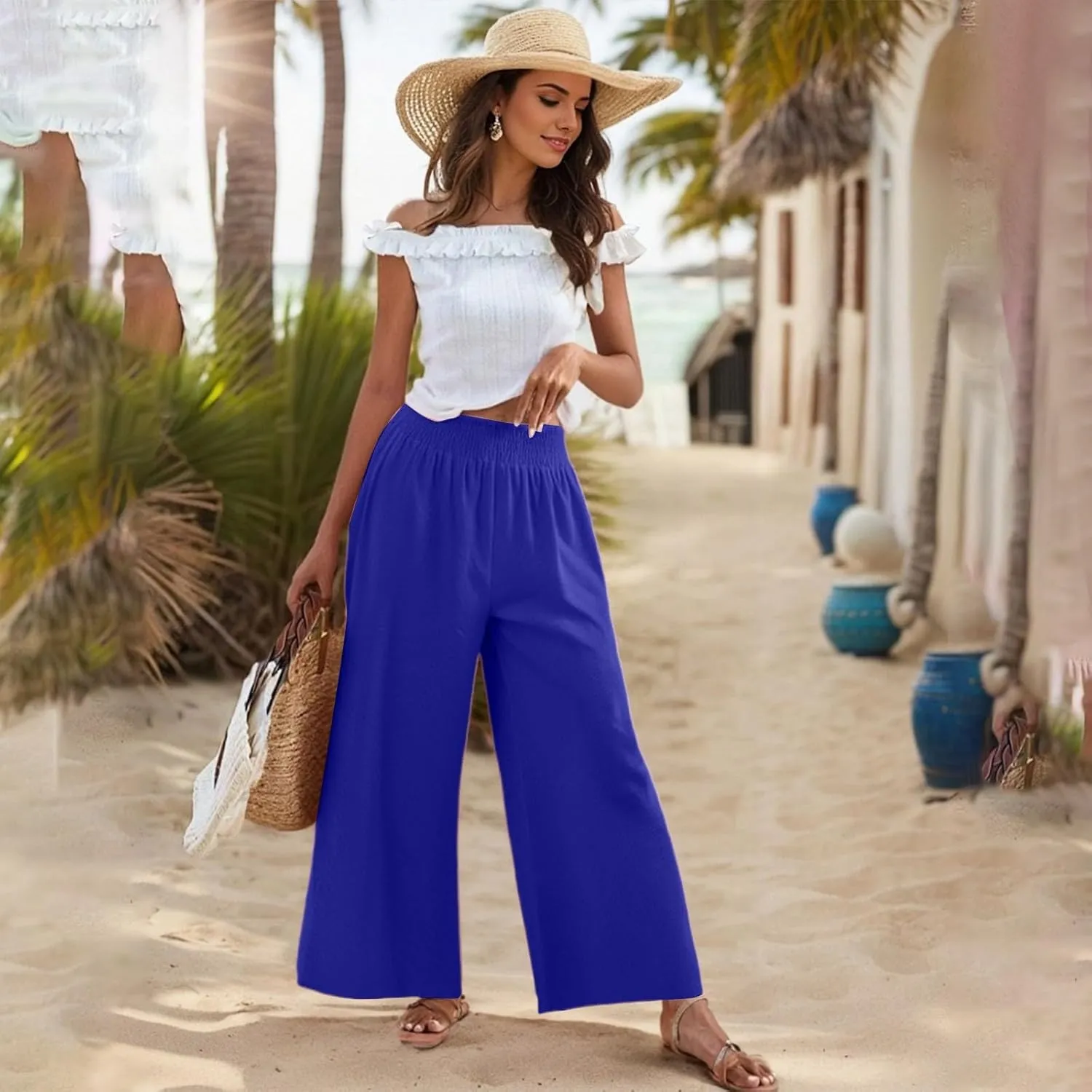 Palazzo Cotton Linen Pants Women Casual Summer Smocked Elastic High Waisted Wide Leg Pants Loose Vacation Beach Pant