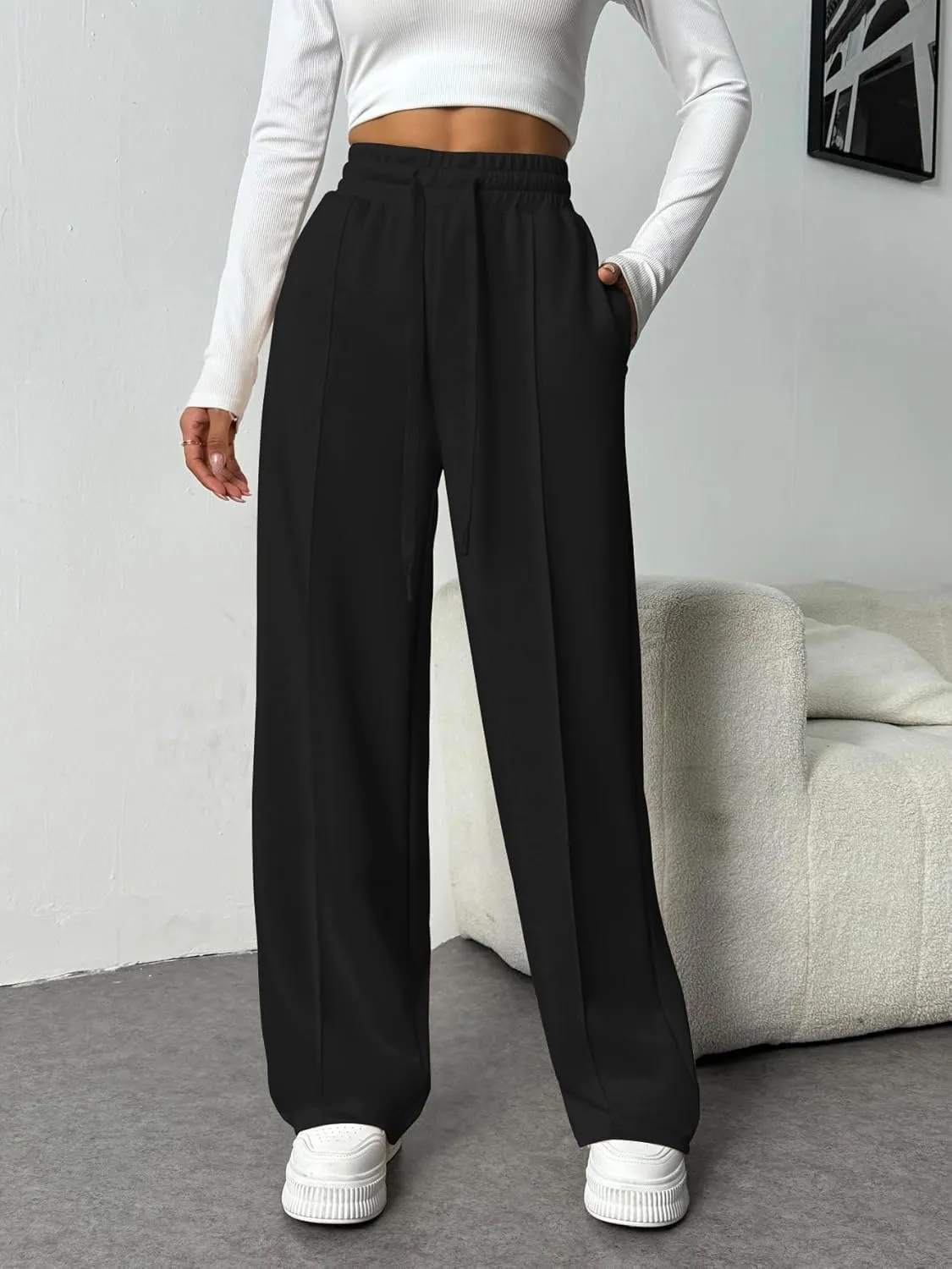 PINSPARK Wide Leg Sweatpants Women High Waisted Baggy Sweat Pants Elastic Elevated Seams Loose Active Pants with Pockets