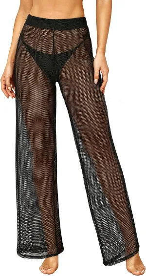 Pinup Fashion Women's Cover Up Pants Crochet Hollow Out Mesh Pants High Waist Swimsuit Beach Bikini Coverup Pants