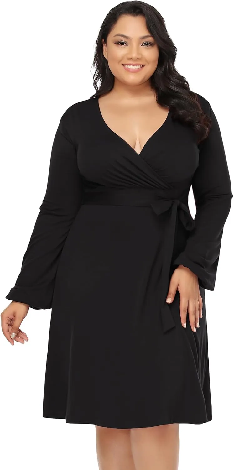 Plus Size Dress Women's V Neck Wrap A-Line Dress Plus Size Knee Length Midi Swing Dress for Curvy Women