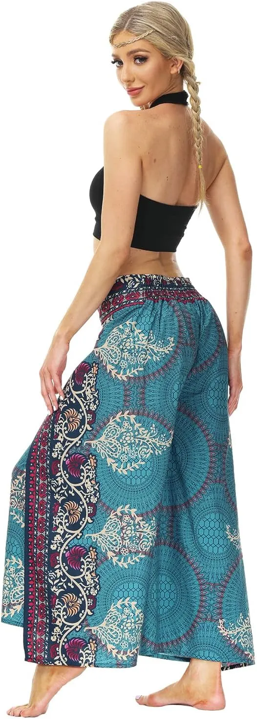 Plustrong Womens Slit Wide Leg Pants Casual Hippie Beach Boho Pilate Flowy Palazzo Yoga Pants