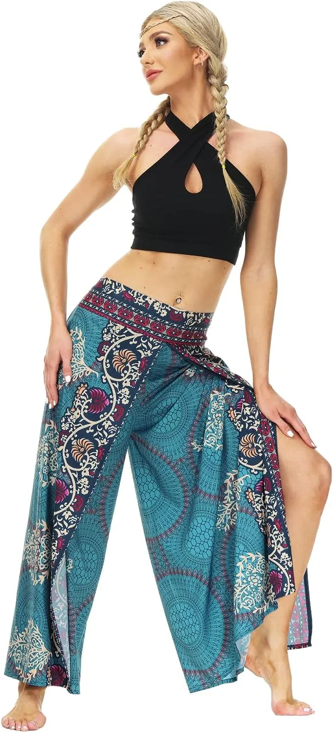Plustrong Womens Slit Wide Leg Pants Casual Hippie Beach Boho Pilate Flowy Palazzo Yoga Pants