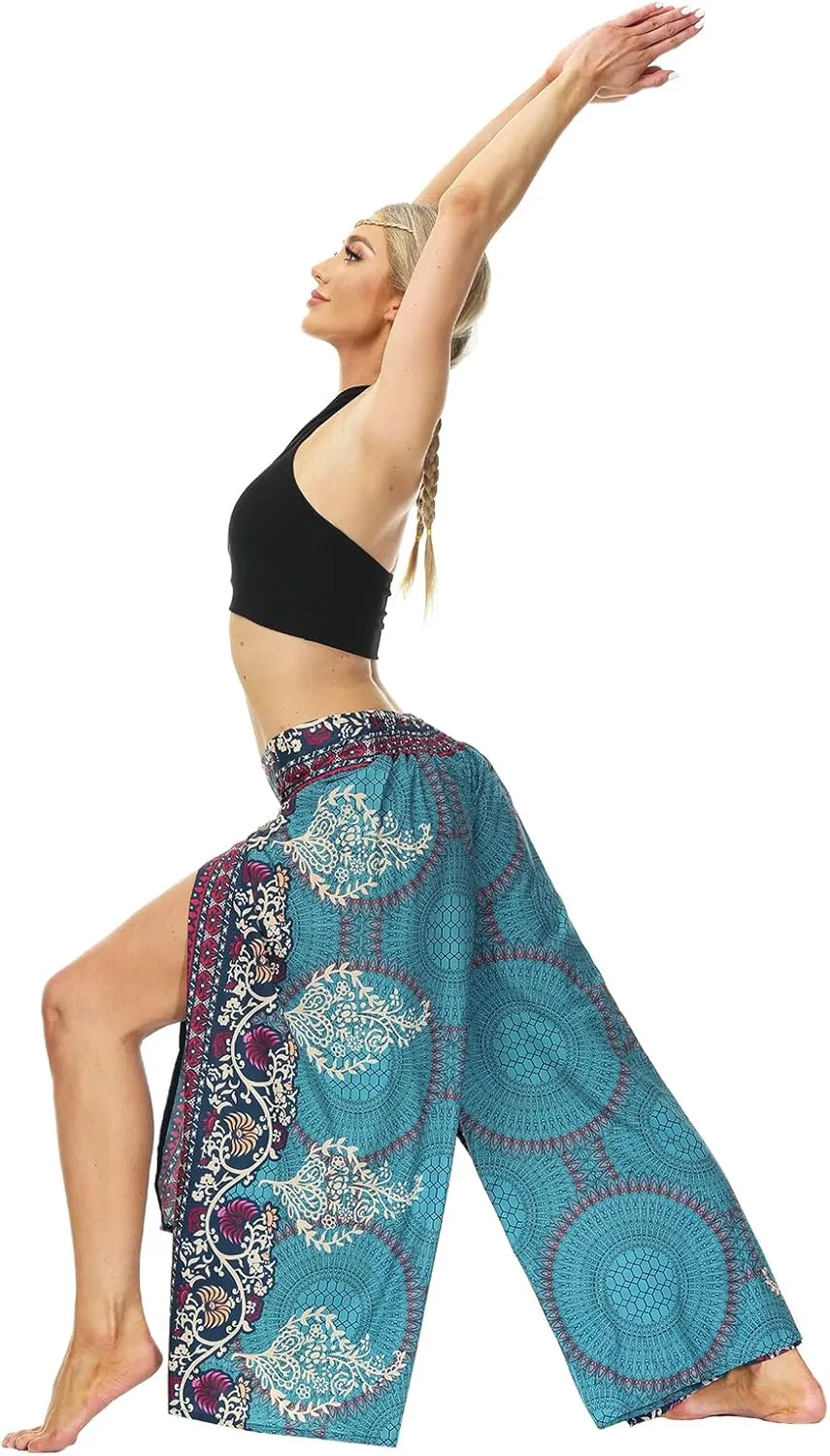Plustrong Womens Slit Wide Leg Pants Casual Hippie Beach Boho Pilate Flowy Palazzo Yoga Pants