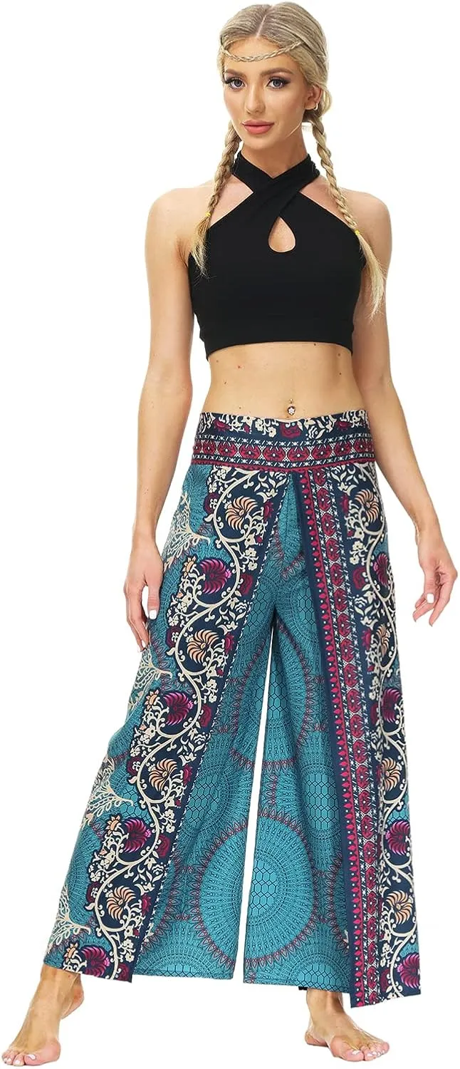 Plustrong Womens Slit Wide Leg Pants Casual Hippie Beach Boho Pilate Flowy Palazzo Yoga Pants