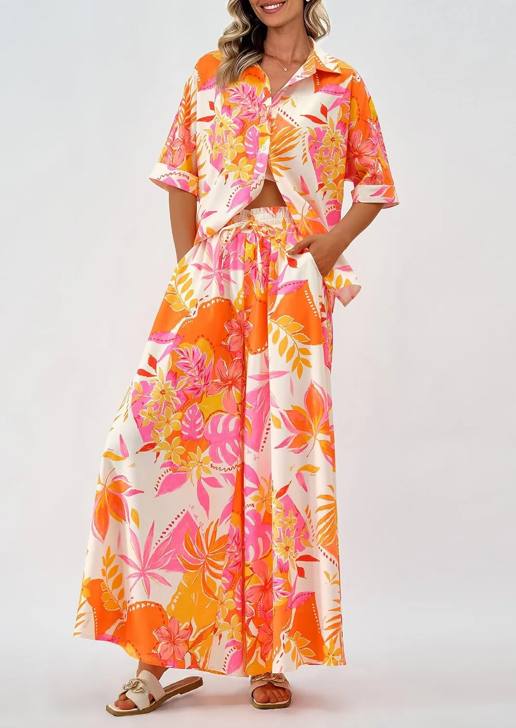 PRETTYGARDEN Women's 2 Piece Beach Vacation Outfit 2025 Casual Summer Floral Button Down Shirt Wide Leg Pants Matching Sets