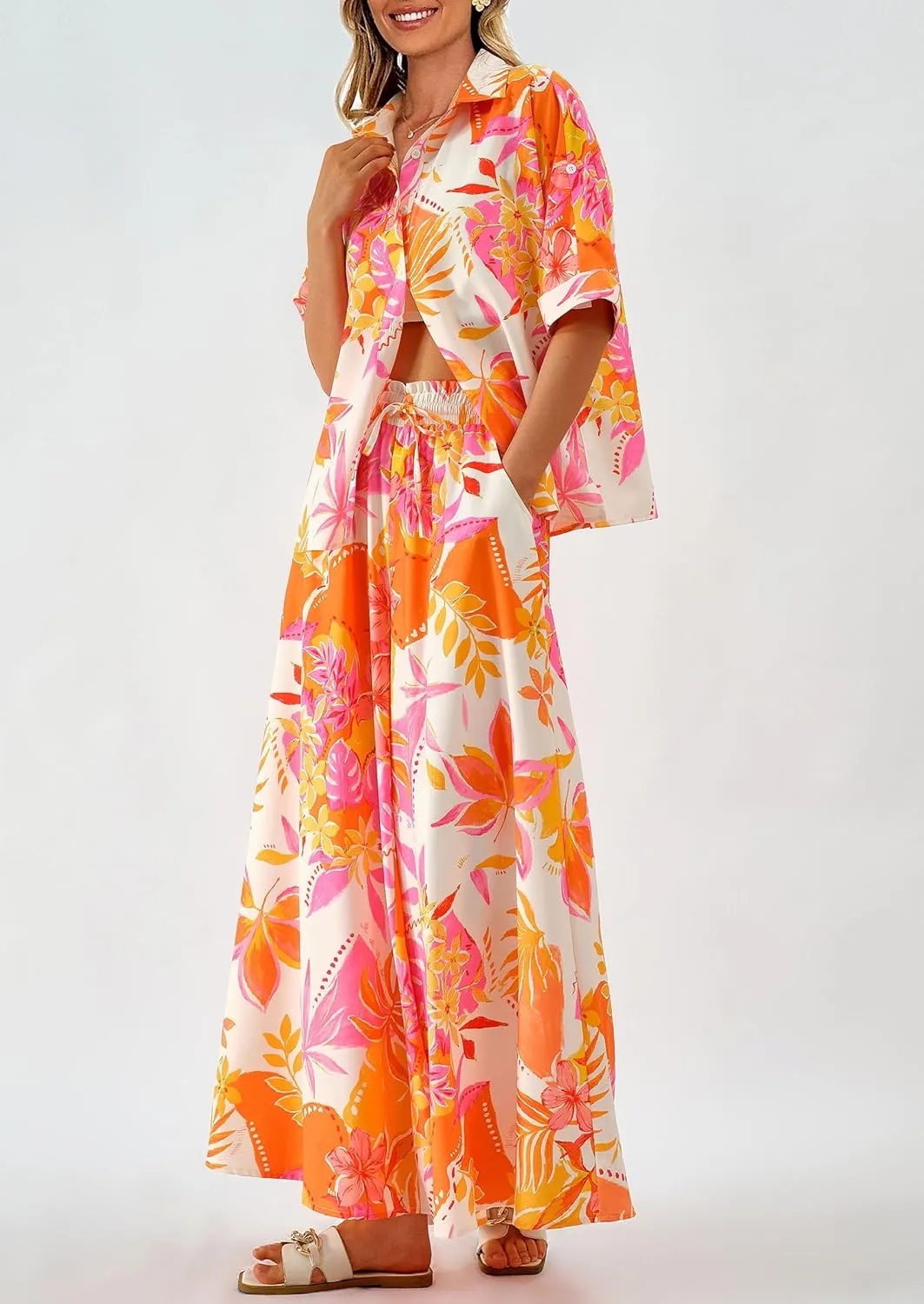 PRETTYGARDEN Women's 2 Piece Beach Vacation Outfit 2025 Casual Summer Floral Button Down Shirt Wide Leg Pants Matching Sets