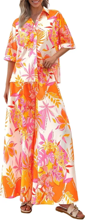PRETTYGARDEN Women's 2 Piece Beach Vacation Outfit 2025 Casual Summer Floral Button Down Shirt Wide Leg Pants Matching Sets