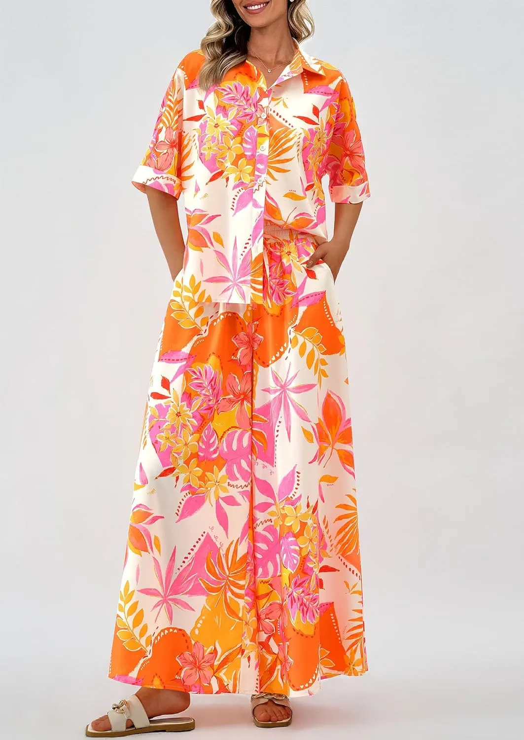 PRETTYGARDEN Women's 2 Piece Beach Vacation Outfit 2025 Casual Summer Floral Button Down Shirt Wide Leg Pants Matching Sets