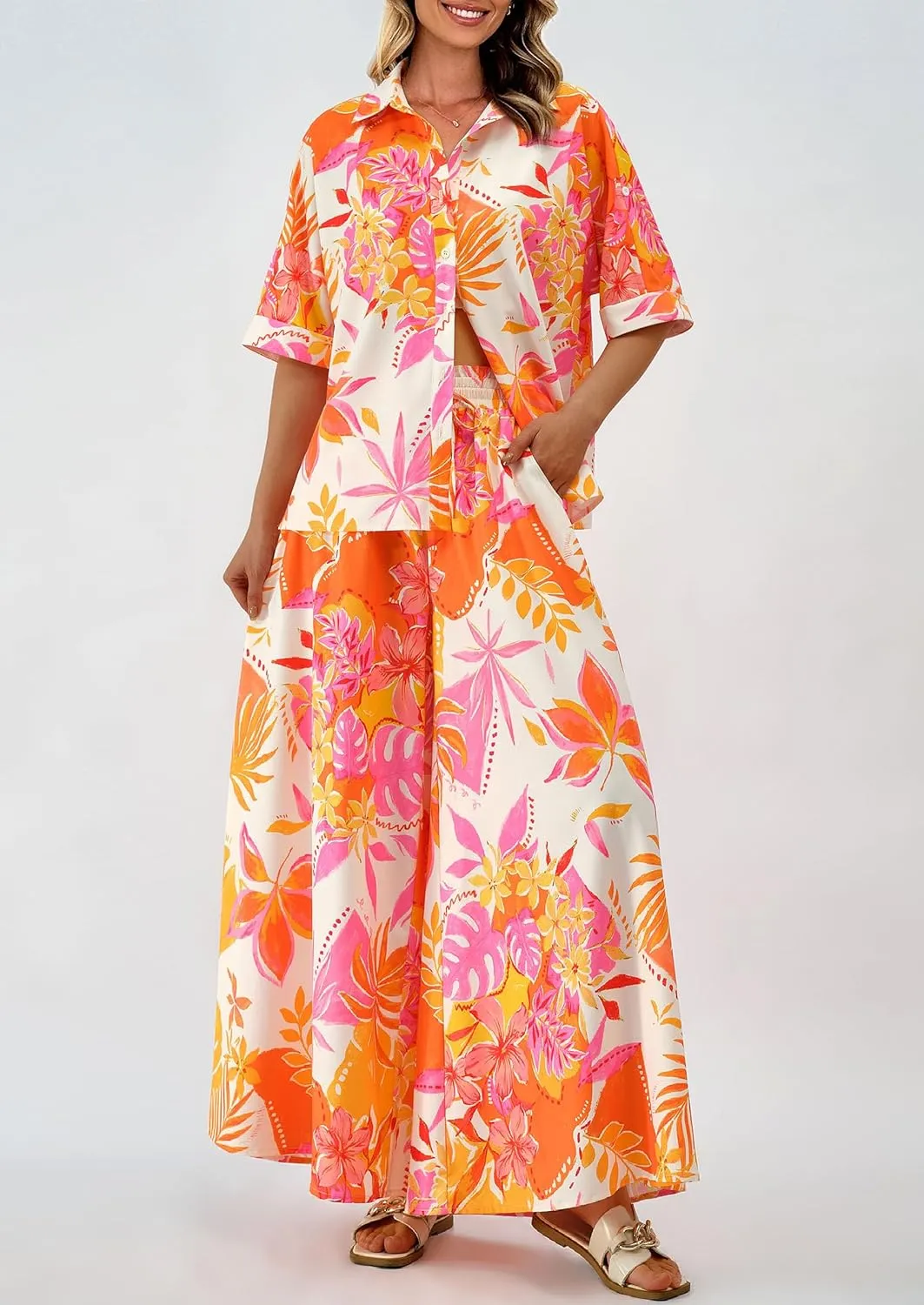 PRETTYGARDEN Women's 2 Piece Beach Vacation Outfit 2025 Casual Summer Floral Button Down Shirt Wide Leg Pants Matching Sets