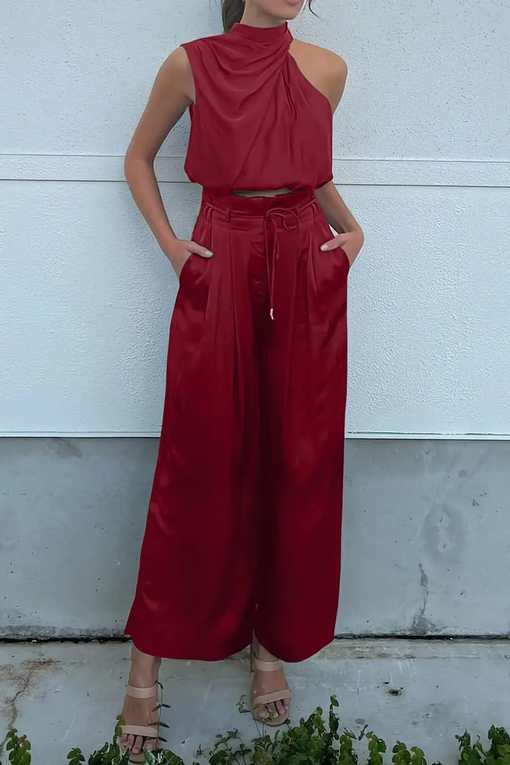 PRETTYGARDEN Women's 2 Piece Outfits 2025 Summer Casual Sleeveless Mock Neck Crop Tops Wide Leg Pants Set