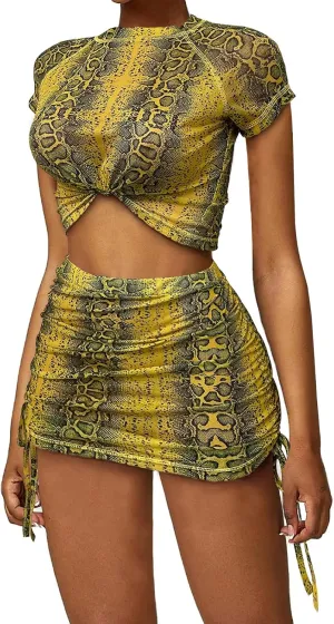 RAMOUG Mesh Cover Up See Through Party Beach Outfits Snakeskin 2 Piece Mini Skirt Set