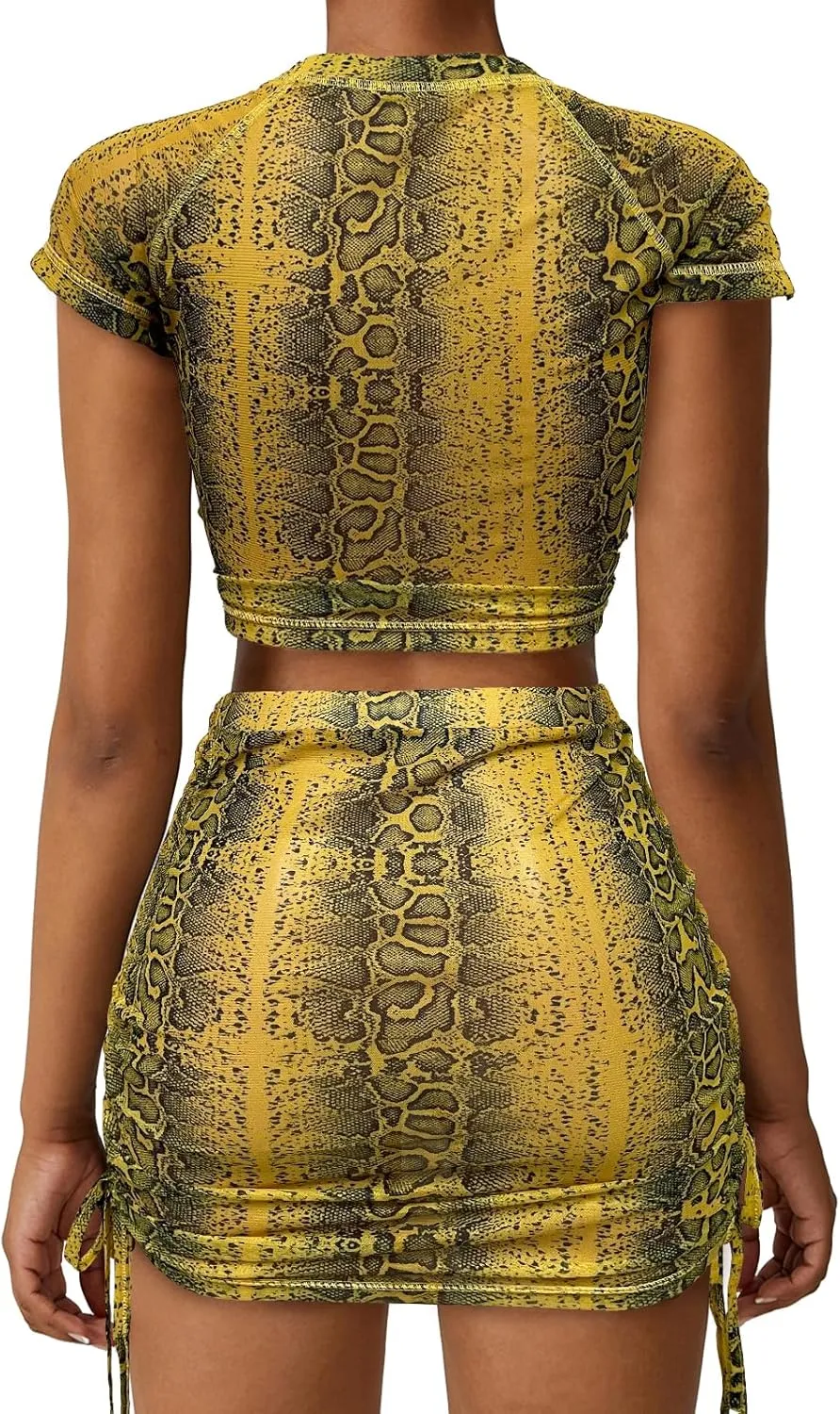 RAMOUG Mesh Cover Up See Through Party Beach Outfits Snakeskin 2 Piece Mini Skirt Set