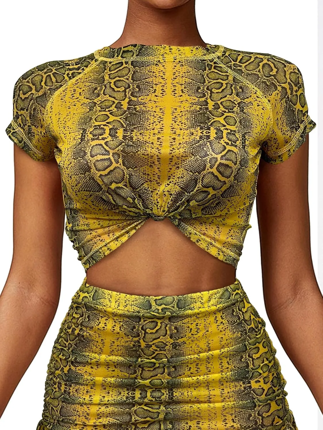 RAMOUG Mesh Cover Up See Through Party Beach Outfits Snakeskin 2 Piece Mini Skirt Set