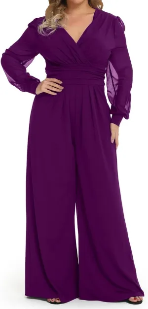 RED DOT BOUTIQUE 701 - Plus Size Mesh Long Sleeve V Wrap Neck Wide Leg Pants One Piece Jumpsuit