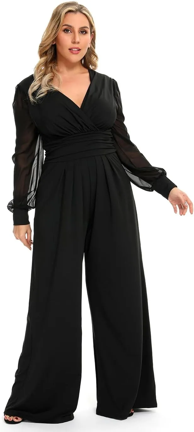 RED DOT BOUTIQUE 701 - Plus Size Mesh Long Sleeve V Wrap Neck Wide Leg Pants One Piece Jumpsuit