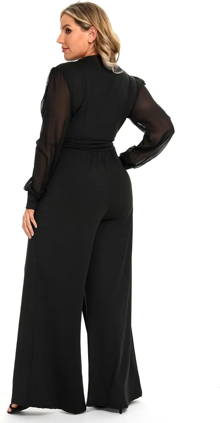 RED DOT BOUTIQUE 701 - Plus Size Mesh Long Sleeve V Wrap Neck Wide Leg Pants One Piece Jumpsuit
