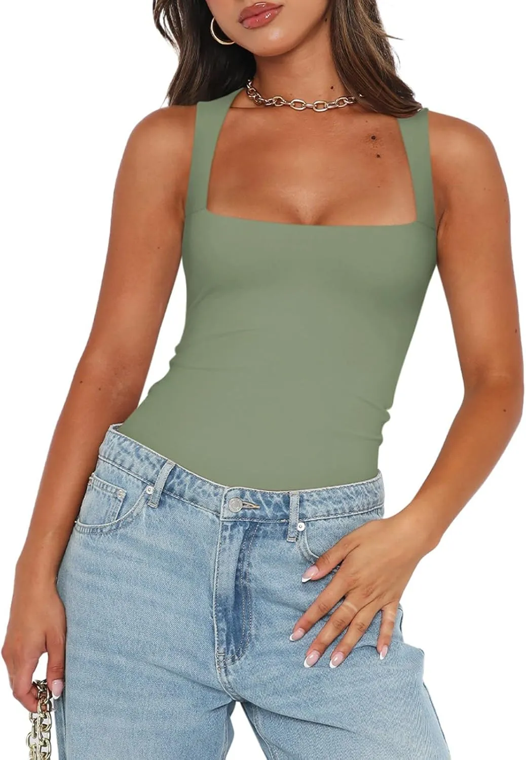REORIA Butsmooth Womens Sexy Sleeveless Square Neck Double Lined Basic Bodysuit Tank Tops