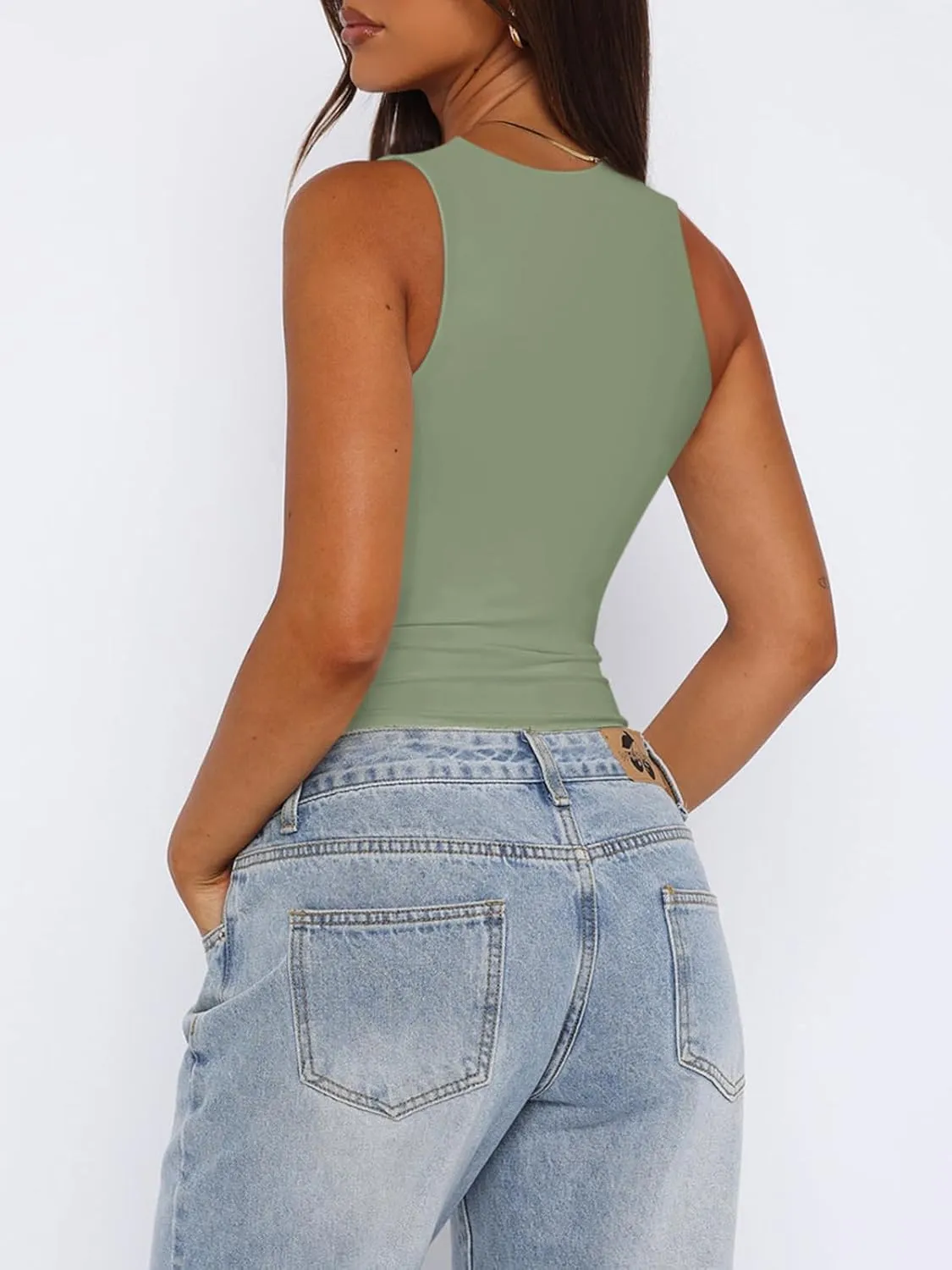 REORIA Butsmooth Womens Sexy Sleeveless Square Neck Double Lined Basic Bodysuit Tank Tops