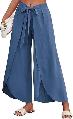 Reyox Women's High Waist Side Split Slit Wide Leg Pants Tie Front Lounge Pants