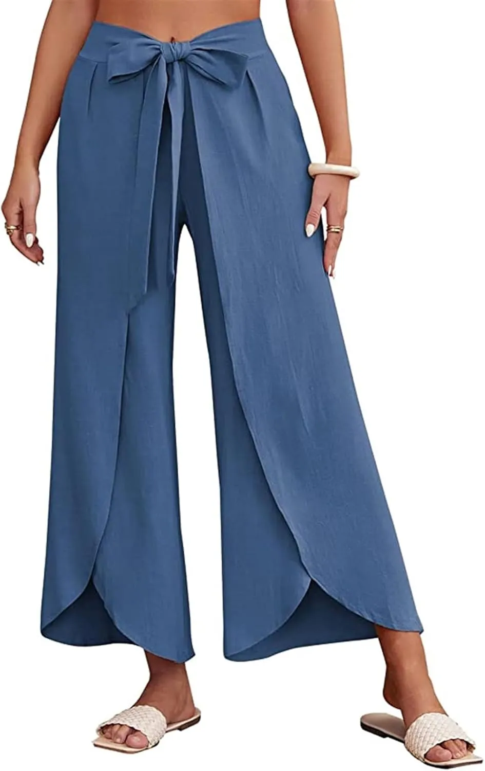 Reyox Women's High Waist Side Split Slit Wide Leg Pants Tie Front Lounge Pants
