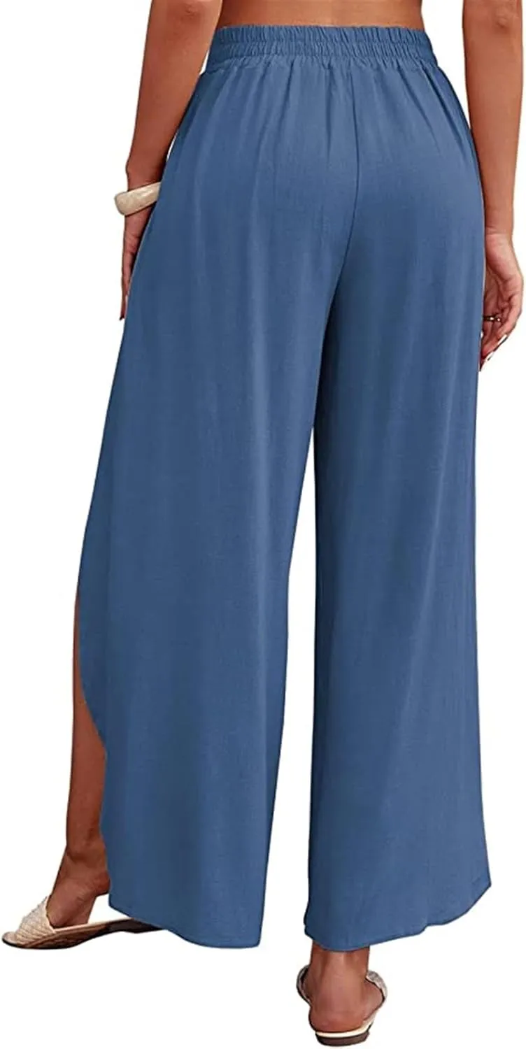 Reyox Women's High Waist Side Split Slit Wide Leg Pants Tie Front Lounge Pants