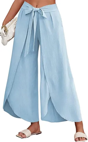 Reyox Women's High Waist Side Split Slit Wide Leg Pants Tie Front Lounge Pants