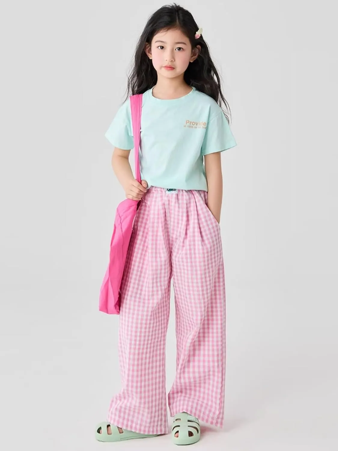 Rolanko Girls Wide Leg Pants Flowy Loose Fit Palazzo Pants for Girls Kids Linen Trousers Casual Beach 6-14Y