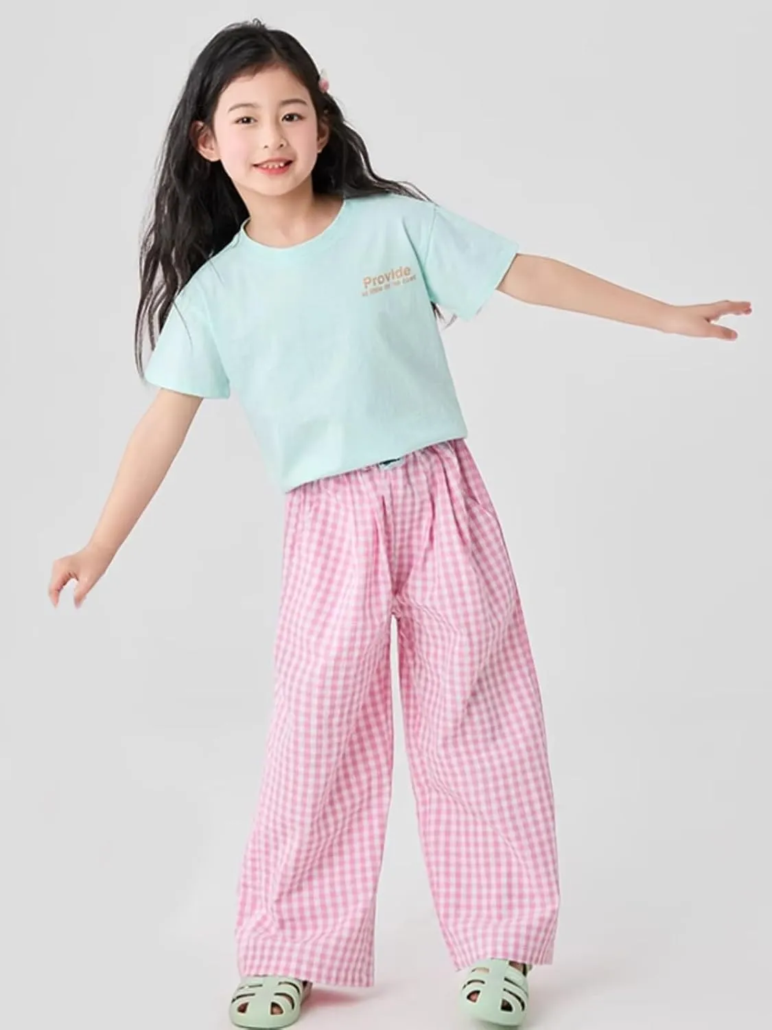Rolanko Girls Wide Leg Pants Flowy Loose Fit Palazzo Pants for Girls Kids Linen Trousers Casual Beach 6-14Y