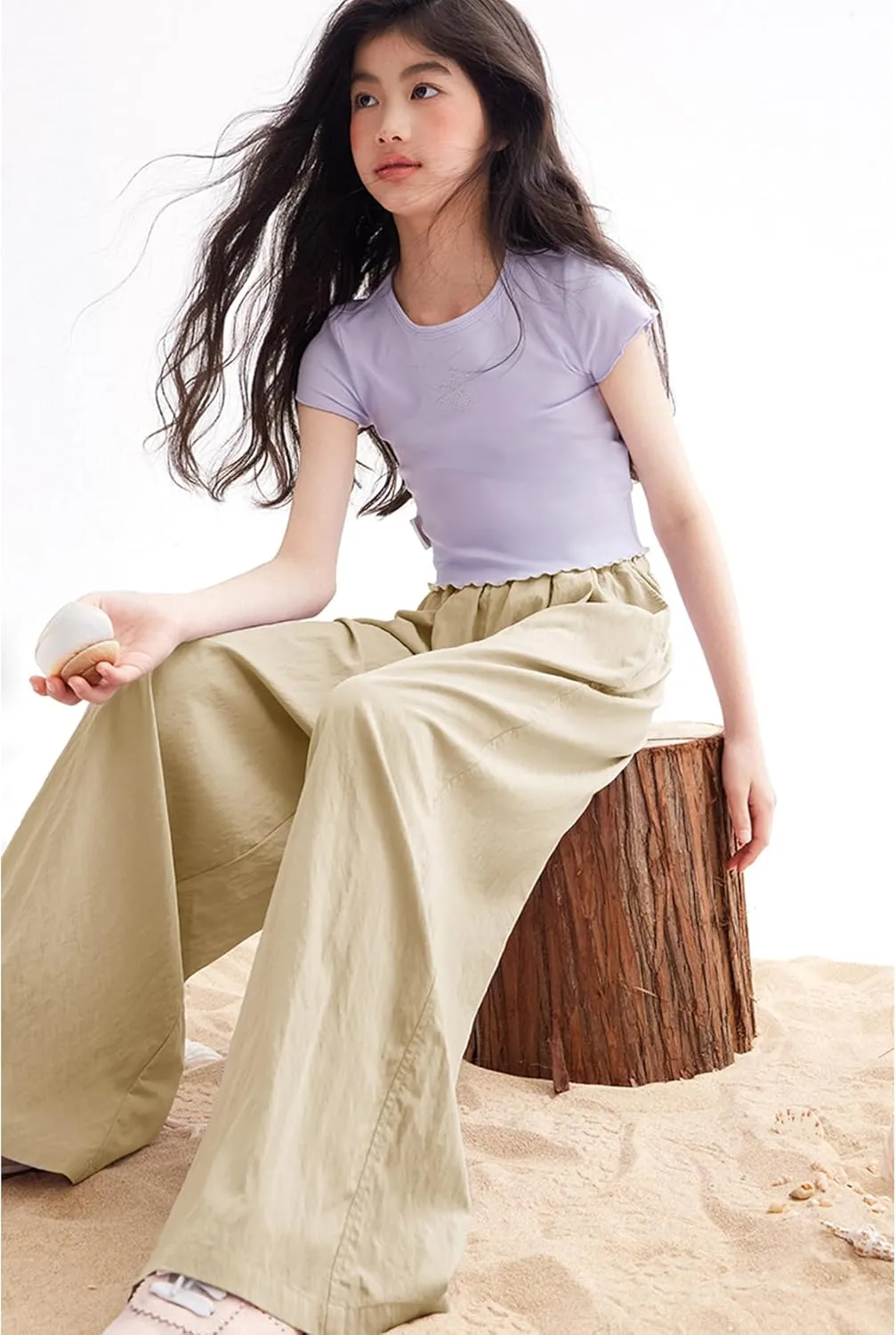 Rolanko Girls Wide Leg Pants Flowy Loose Fit Palazzo Pants for Girls Kids Linen Trousers Casual Beach 6-14Y