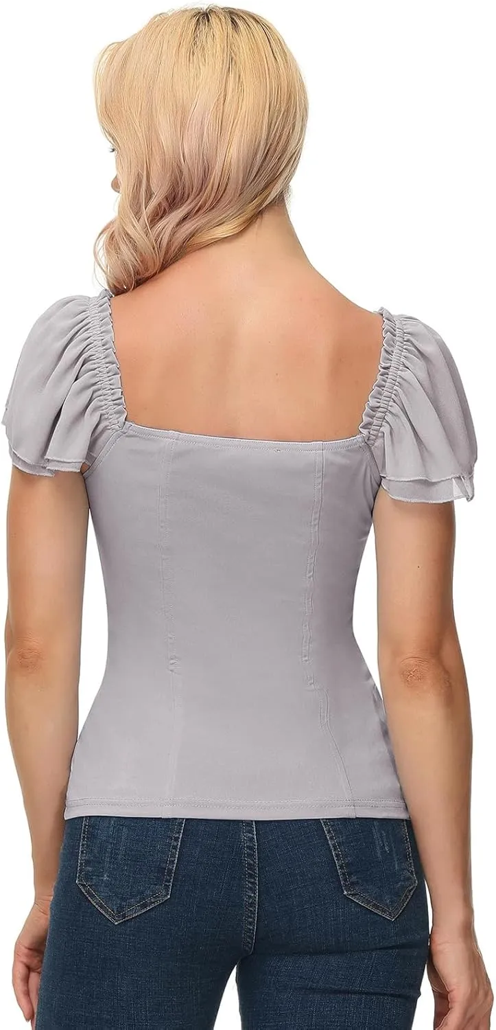 Scarlet Darkness Women Renaissance Shirt Off Shoulder Flutter Short Sleeve Top Summer Square Neck Peasant Blouse