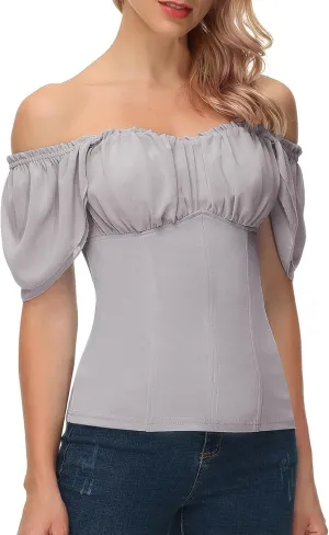 Scarlet Darkness Women Renaissance Shirt Off Shoulder Flutter Short Sleeve Top Summer Square Neck Peasant Blouse