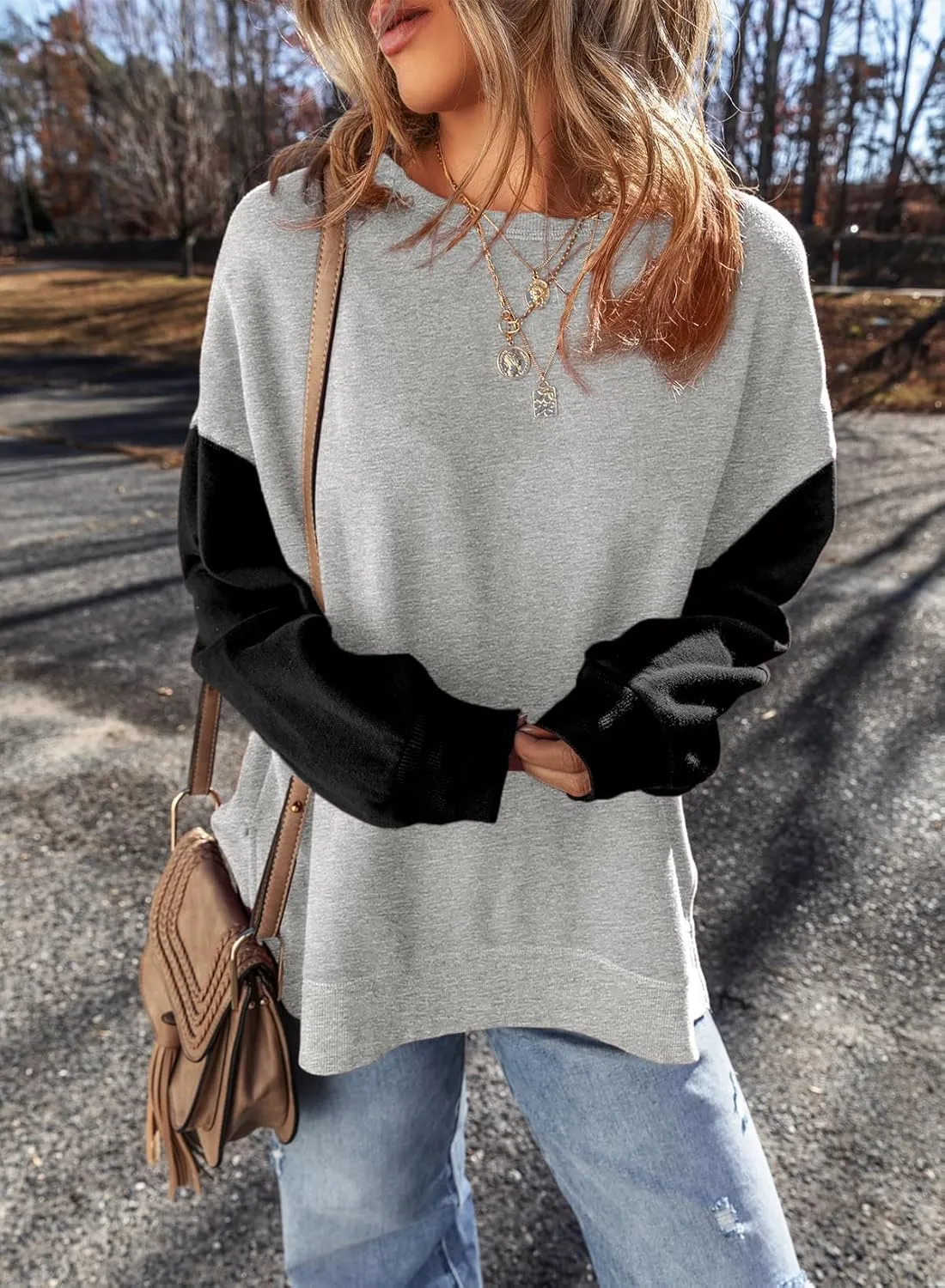 SHEWIN Sweatshirt for Women Casual Long Sleeve Crewneck Lightweight Pullover Tops Loose Sweatshirts