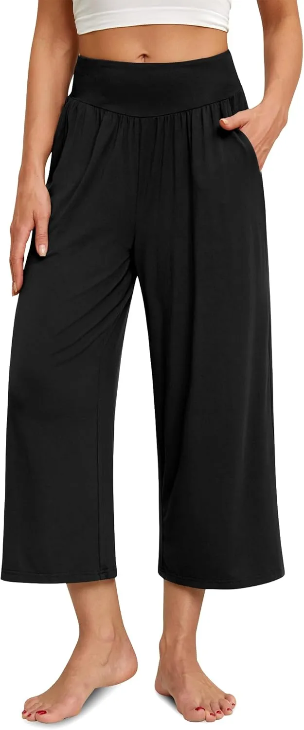 siliteelon Wide Leg Capri Pants for Women Lounge Pajama Pants Women Casual Loose Comfy Flowy Palazzo Pants with Pockets