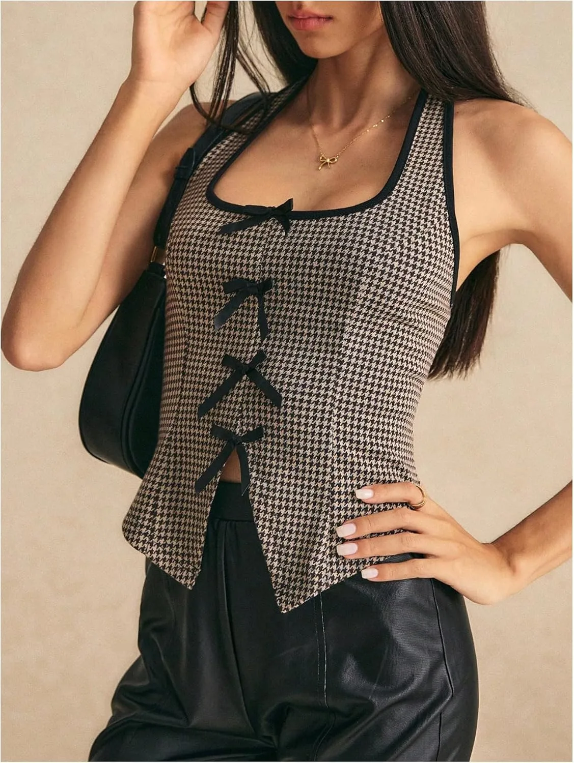 SOLY HUX Women's Y2k Bow Halter Top Plaid Sleeveless Split Hem Backless Tops