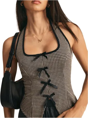 SOLY HUX Women's Y2k Bow Halter Top Plaid Sleeveless Split Hem Backless Tops