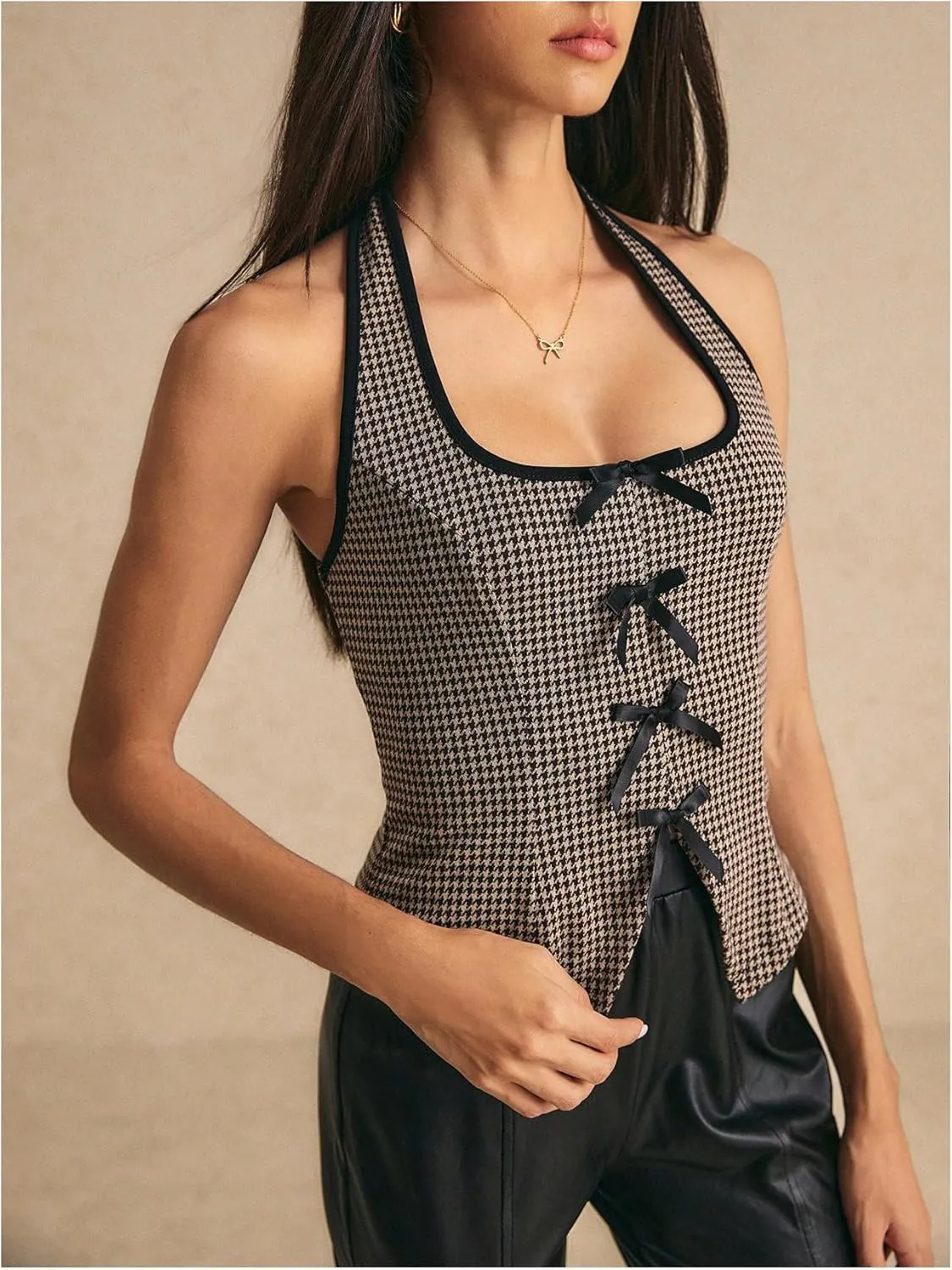 SOLY HUX Women's Y2k Bow Halter Top Plaid Sleeveless Split Hem Backless Tops