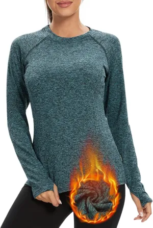Soneven Women Fleece Thermal Long Sleeve Running Shirt Workout Tops Moisture Wicking Athletic Shirts with Thumb Holes