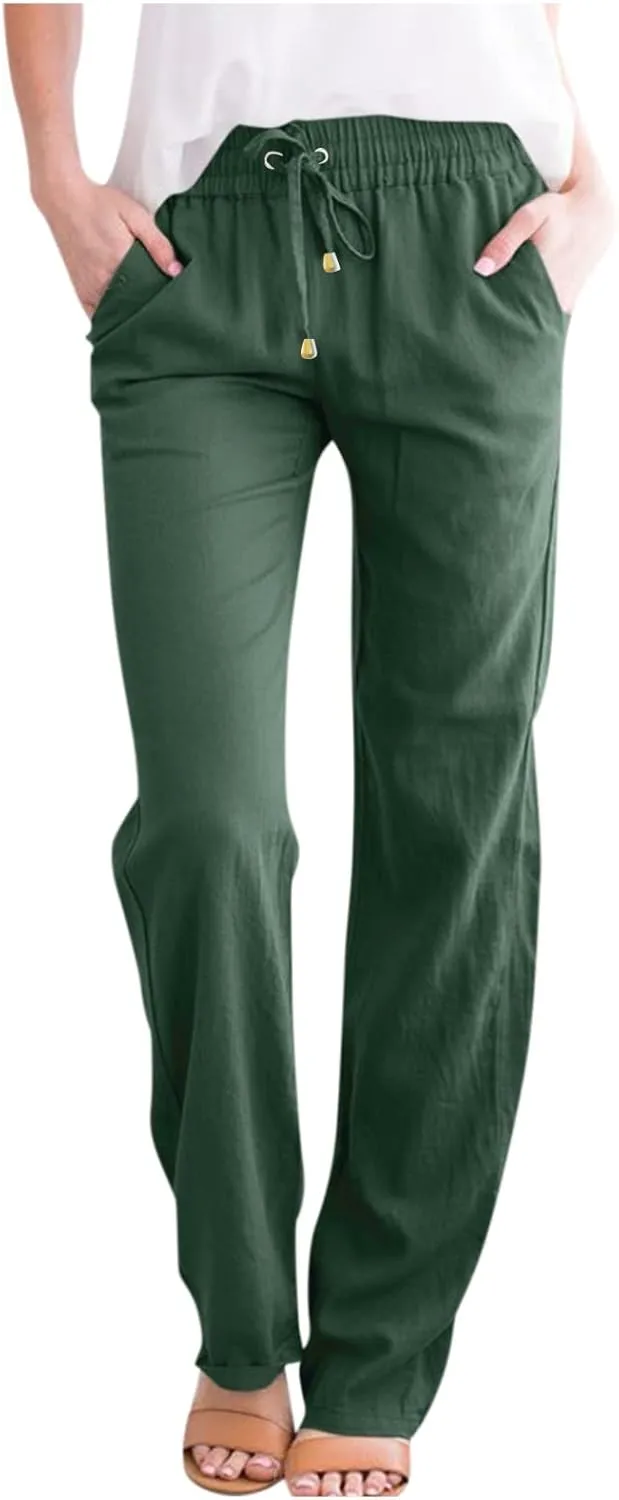 Straight Leg Linen Pants Women Drawstring Elastic High Waisted Pants Casual Lightweight Summer Pants Linen Trousers