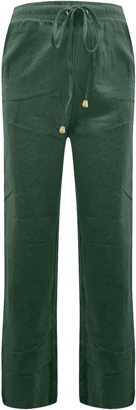 Straight Leg Linen Pants Women Drawstring Elastic High Waisted Pants Casual Lightweight Summer Pants Linen Trousers