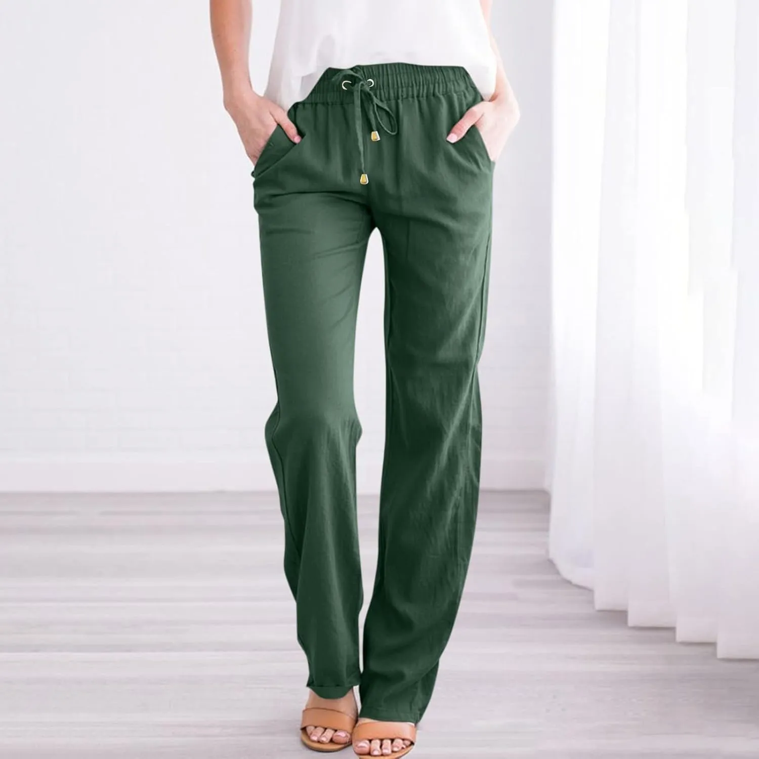 Straight Leg Linen Pants Women Drawstring Elastic High Waisted Pants Casual Lightweight Summer Pants Linen Trousers