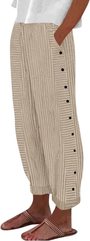 Striped Pants Women Elastic High Waisted Baggy Wide Leg Pants Vintage Cropped Trouser Lounge Pants with Pockets