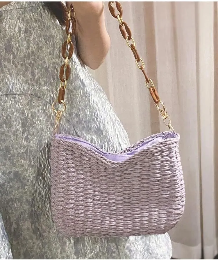 Summer Beach Travel Chic Woven Handbag Aesthetic Clutch Purse for Vacation Straw Woven Shoulder Bag for Women