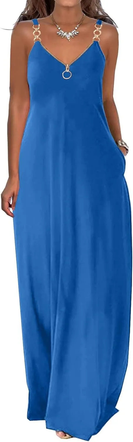 Summer Sun Dresses for Women 2024 Casual Boho Solid Color Ring Straps Zipper V Neck Beach Long Maxi Dress with Pockets