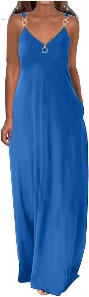 Summer Sun Dresses for Women 2024 Casual Boho Solid Color Ring Straps Zipper V Neck Beach Long Maxi Dress with Pockets