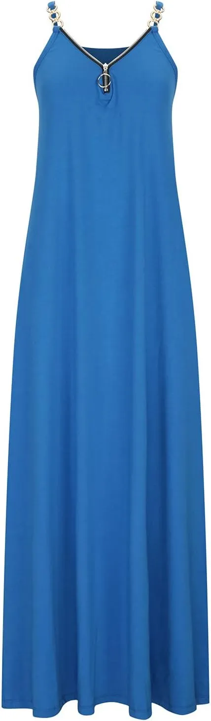 Summer Sun Dresses for Women 2024 Casual Boho Solid Color Ring Straps Zipper V Neck Beach Long Maxi Dress with Pockets