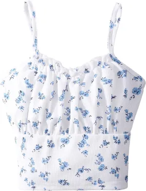 SweatyRocks Girl's Summer Floral Print Ruffle Cami Top Spaghetti Strap Ruched Tank Tops